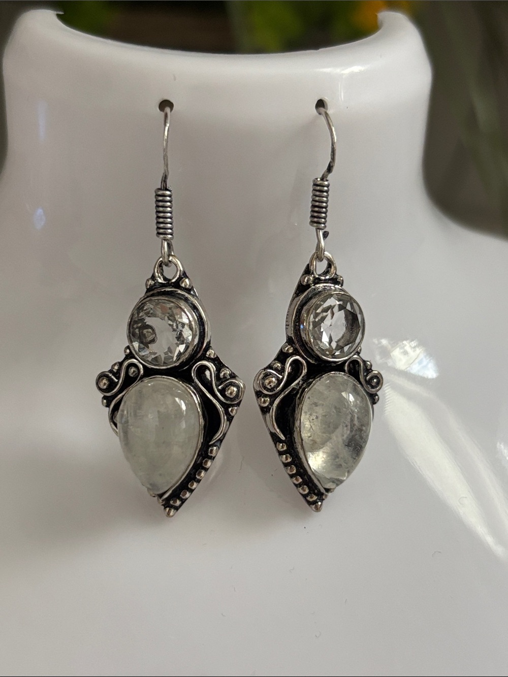 Sterling Silver Rainbow Moonstone Teardrop Dangle Earrings